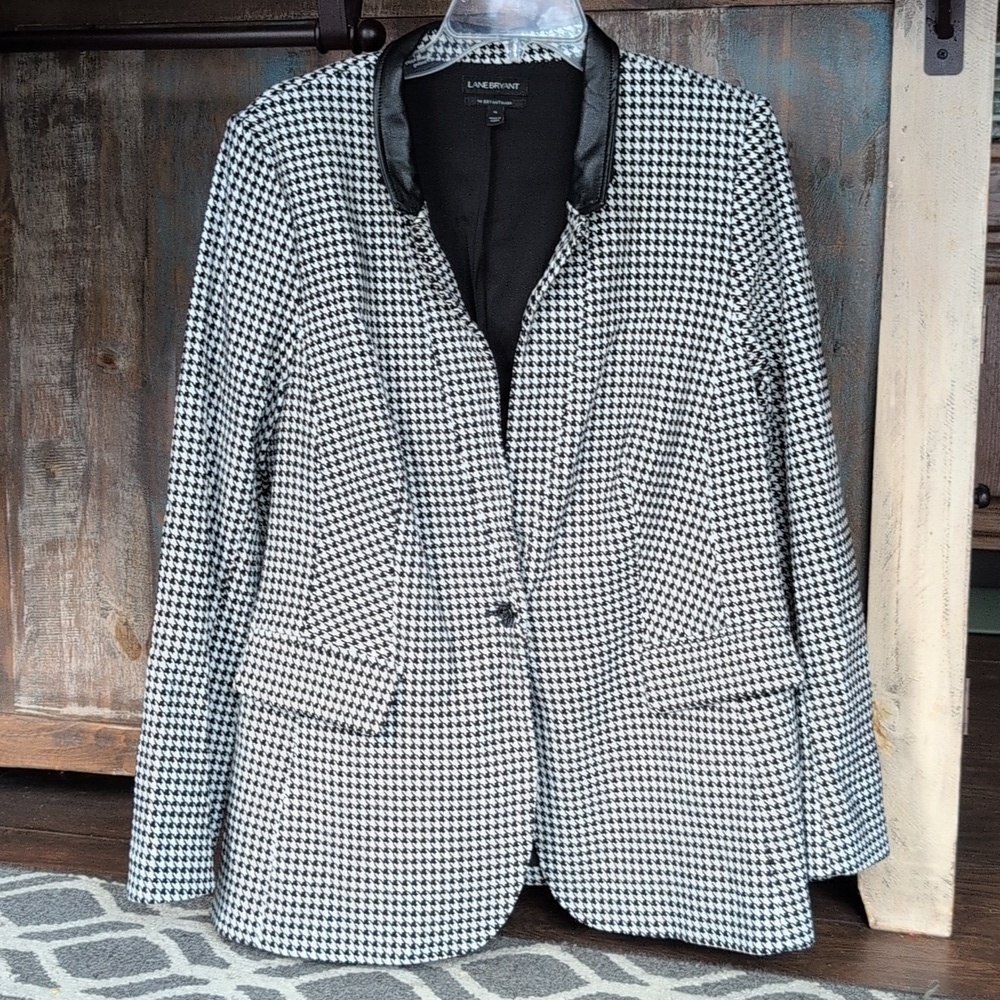 Lane Bryant Bryant Blazer Houndstooth Faux Black Leather Collar - Women's 14